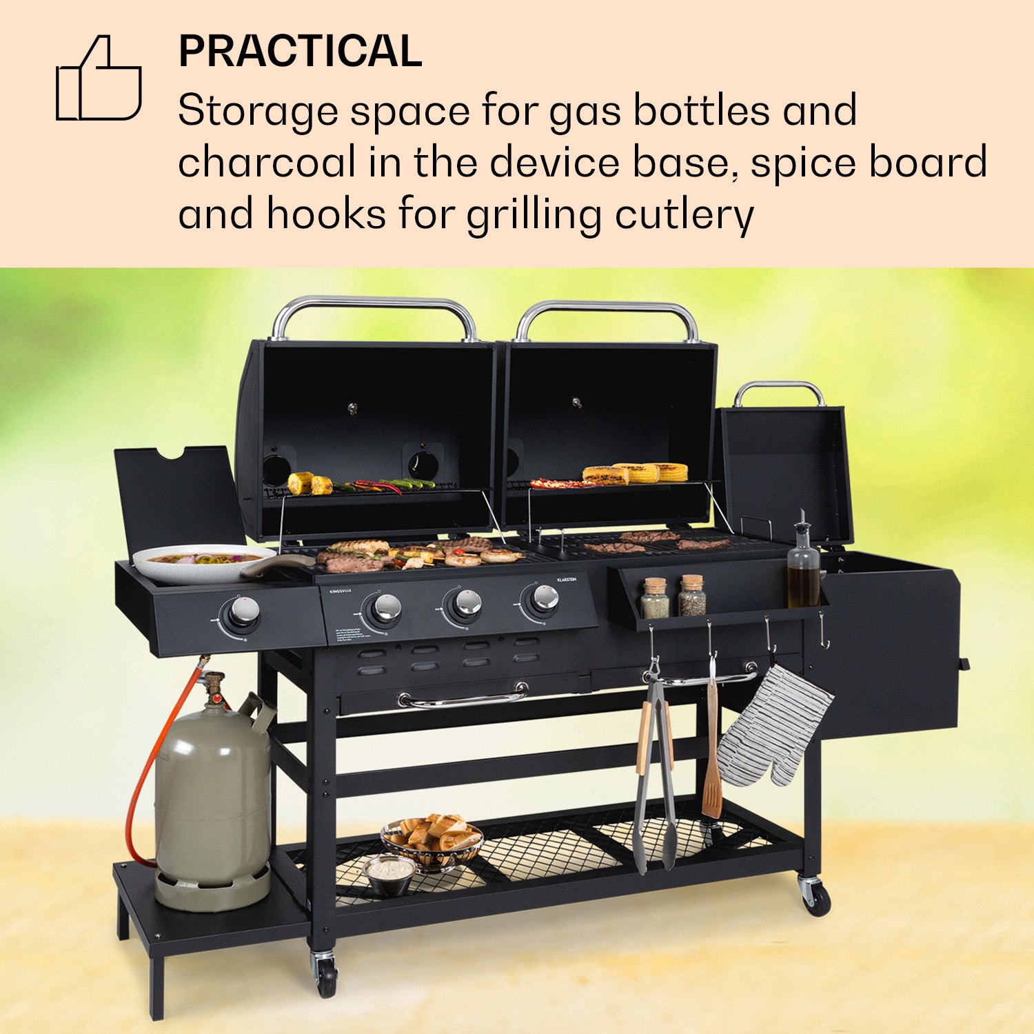 Klarstein Kingsville Smoker, kombinovaný gril, plyn, uhlie, udiarenská pec na uhlie, 13,5 kW, 3+1 horáky, čierna – Obrázok 5