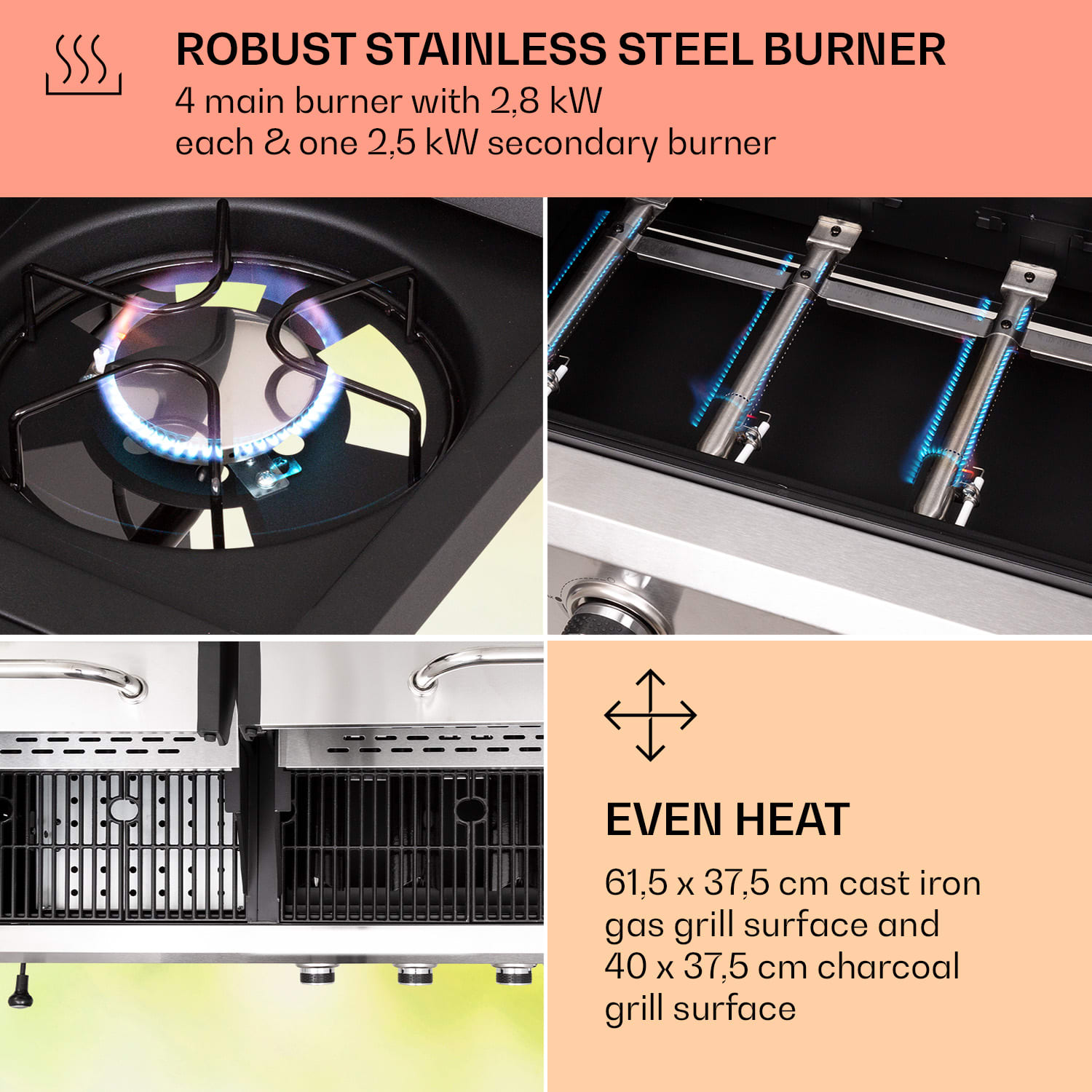 Klarstein Kingsville 4.1, kombinovaný gril plyn + uhlie, 13,7 kW, 4+1 horáky, výškovo nastaviteľný – Obrázok 4