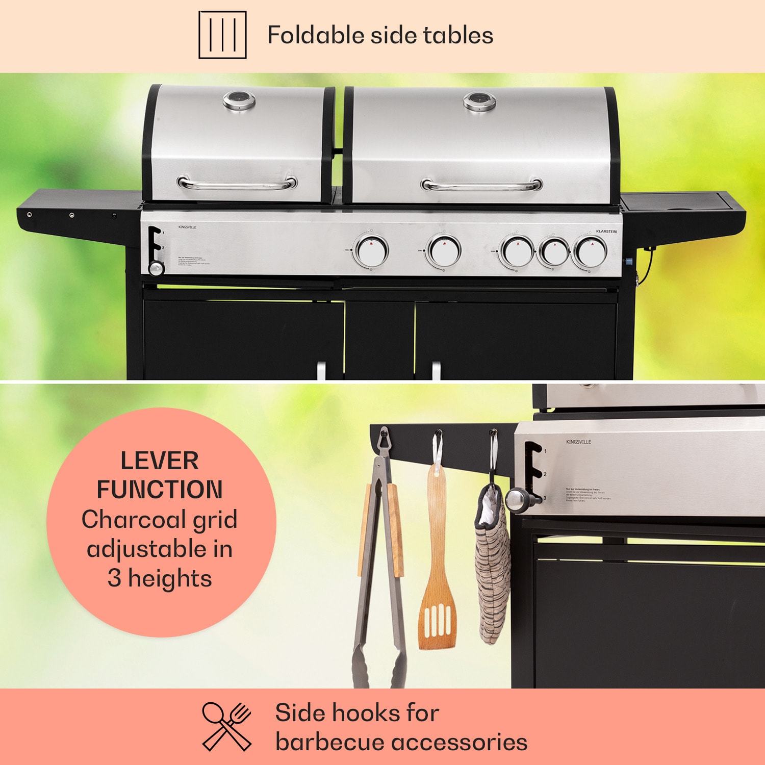 Klarstein Kingsville 4.1, kombinovaný gril plyn + uhlie, 13,7 kW, 4+1 horáky, výškovo nastaviteľný – Obrázok 5