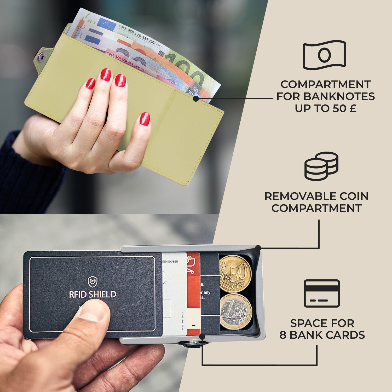 Slimpuro ZNAP Slim Wallet, 8 kariet, priehradka na mince, 8,9 x 1,5 x 6,3 cm (Š x V x H), ochrana RFID