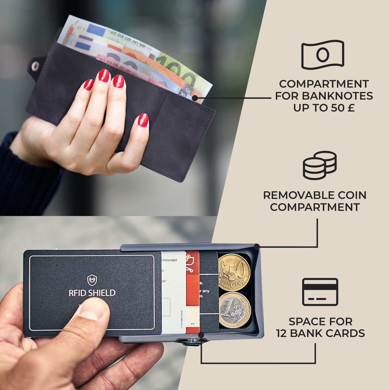 Slimpuro ZNAP Slim Wallet, 12 kariet, priehradka na mince, 8,9 x 1,8 x 6,3 cm (Š x V x H), ochrana RFID