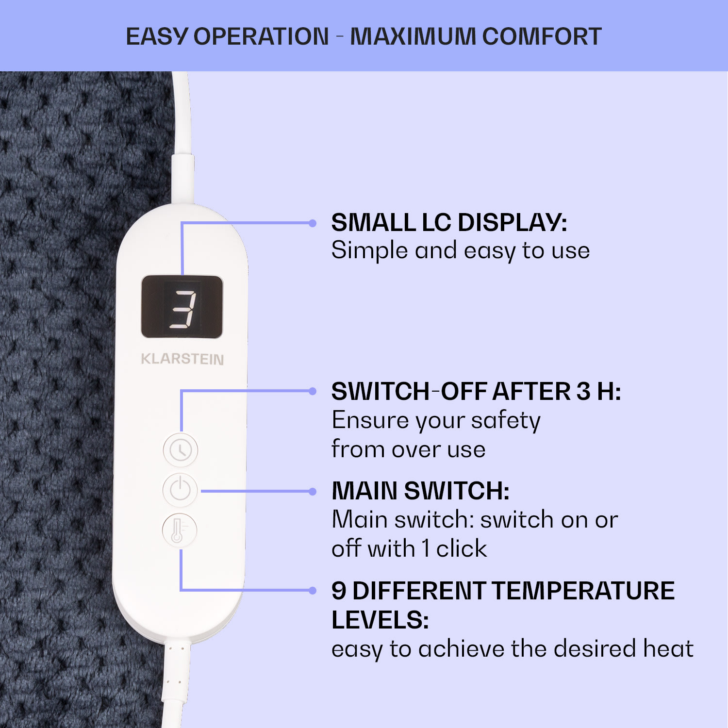 Klarstein DR Watson Deluxe XL, elektrická deka, 160 W, 9 úrovní ohrevu, 180 x 130 cm – Obrázok 5