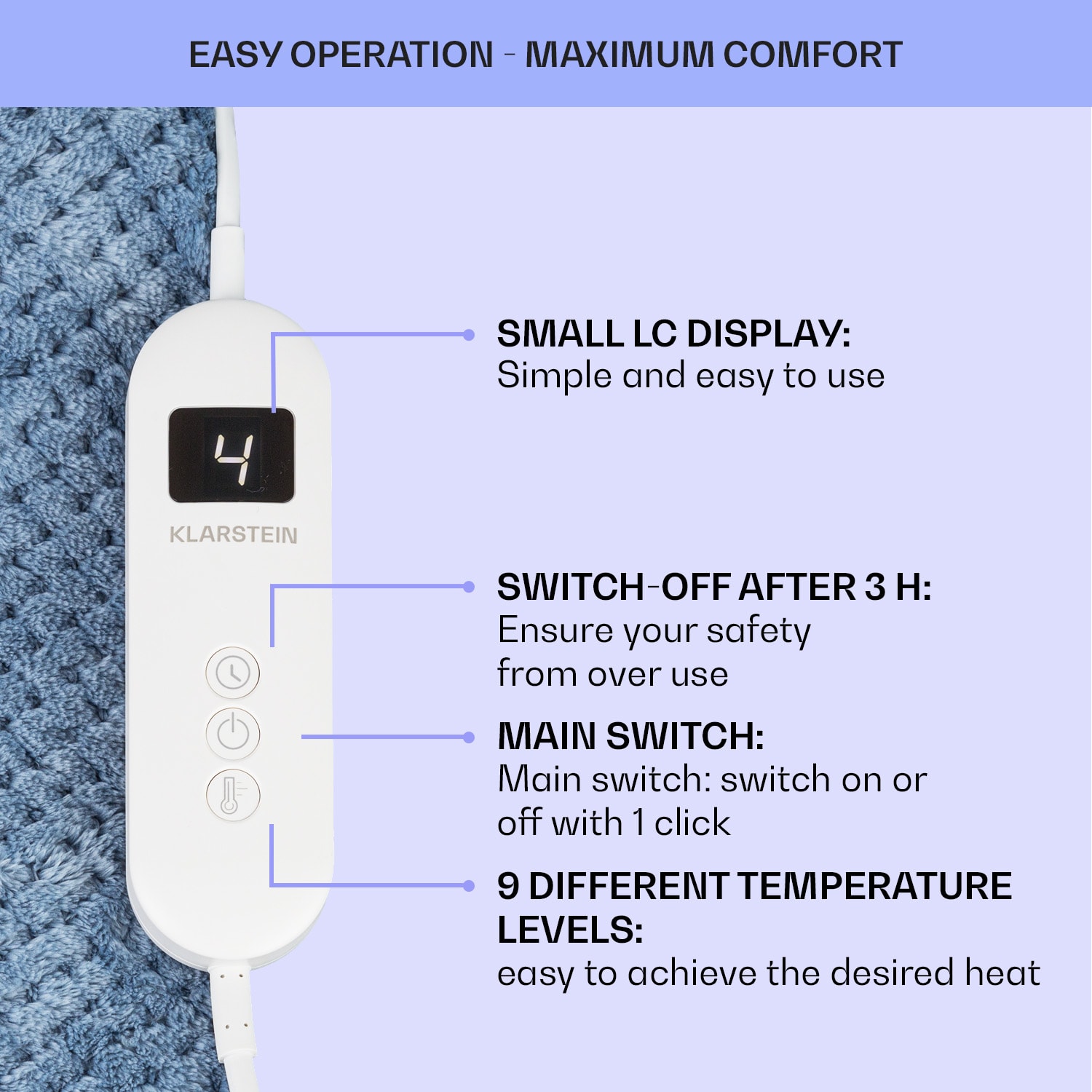 Klarstein DR Watson Deluxe XL, elektrická deka, 160 W, 9 úrovní ohrevu, 180 x 130 cm – Obrázok 5
