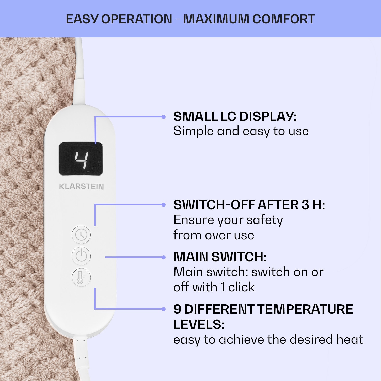 Klarstein DR Watson Deluxe XXL, elektrická deka, 160 W, 9 úrovní ohrevu, 200 x 180 cm – Obrázok 5