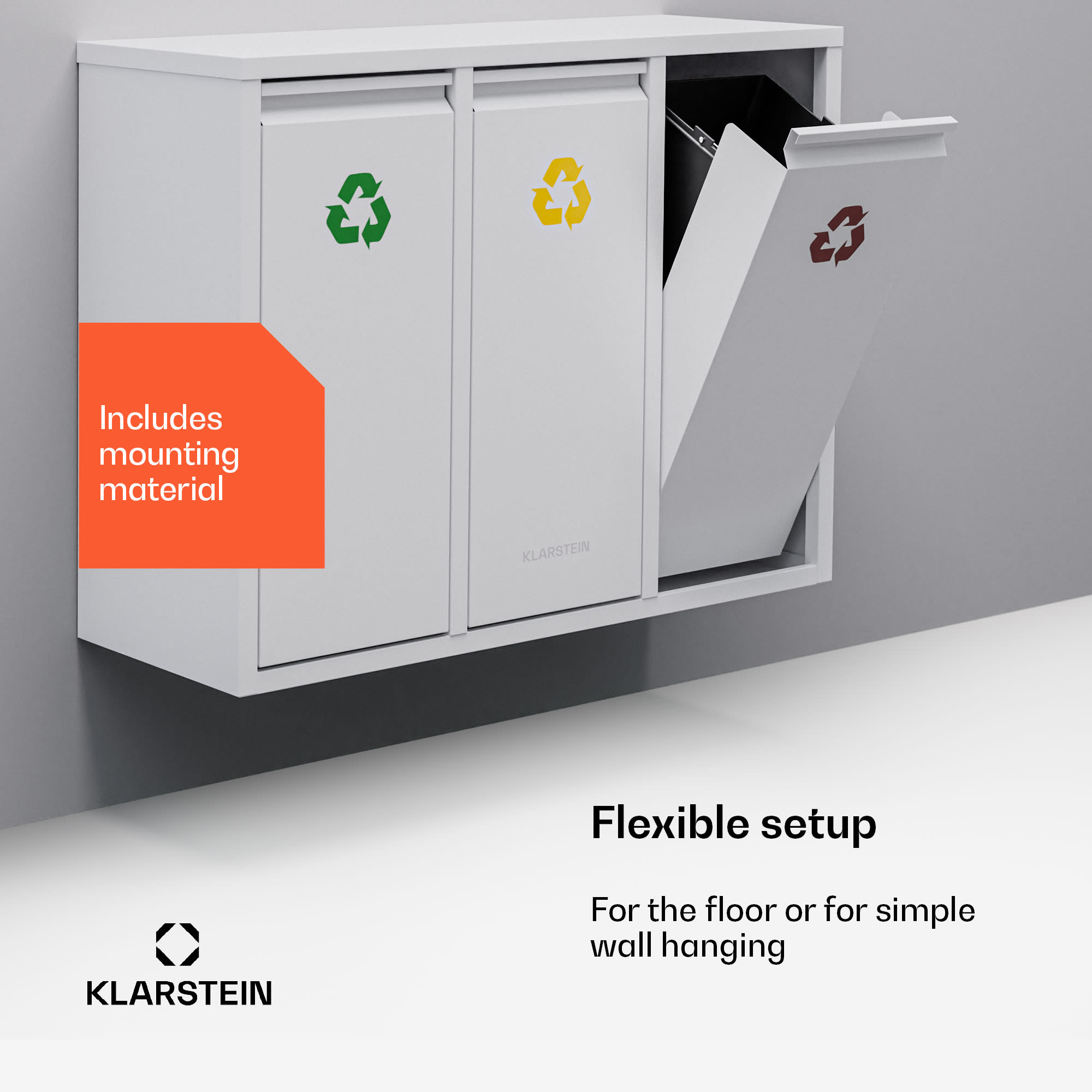 Klarstein Ordnungshüter 3, odpadkový kôš, 45 litrov, 3 recyklačné koše, nástenná inštalácia – Obrázok 3
