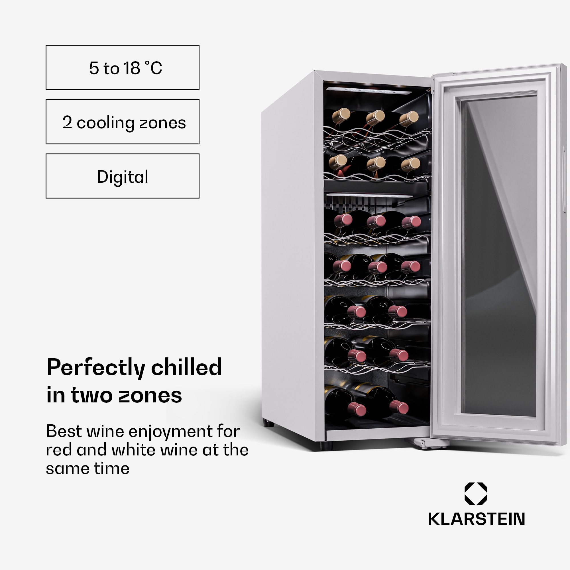 Klarstein Shiraz 18 Duo, chladnička na víno, 2 zóny, 53 l/18 fliaš, 5-18 / 5-18 °C, dotykové ovládanie – Obrázok 2