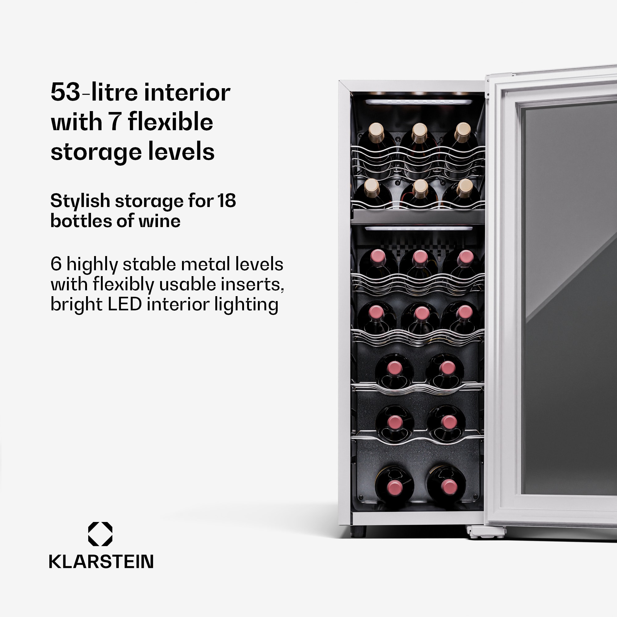 Klarstein Shiraz 18 Duo, chladnička na víno, 2 zóny, 53 l/18 fliaš, 5-18 / 5-18 °C, dotykové ovládanie – Obrázok 3