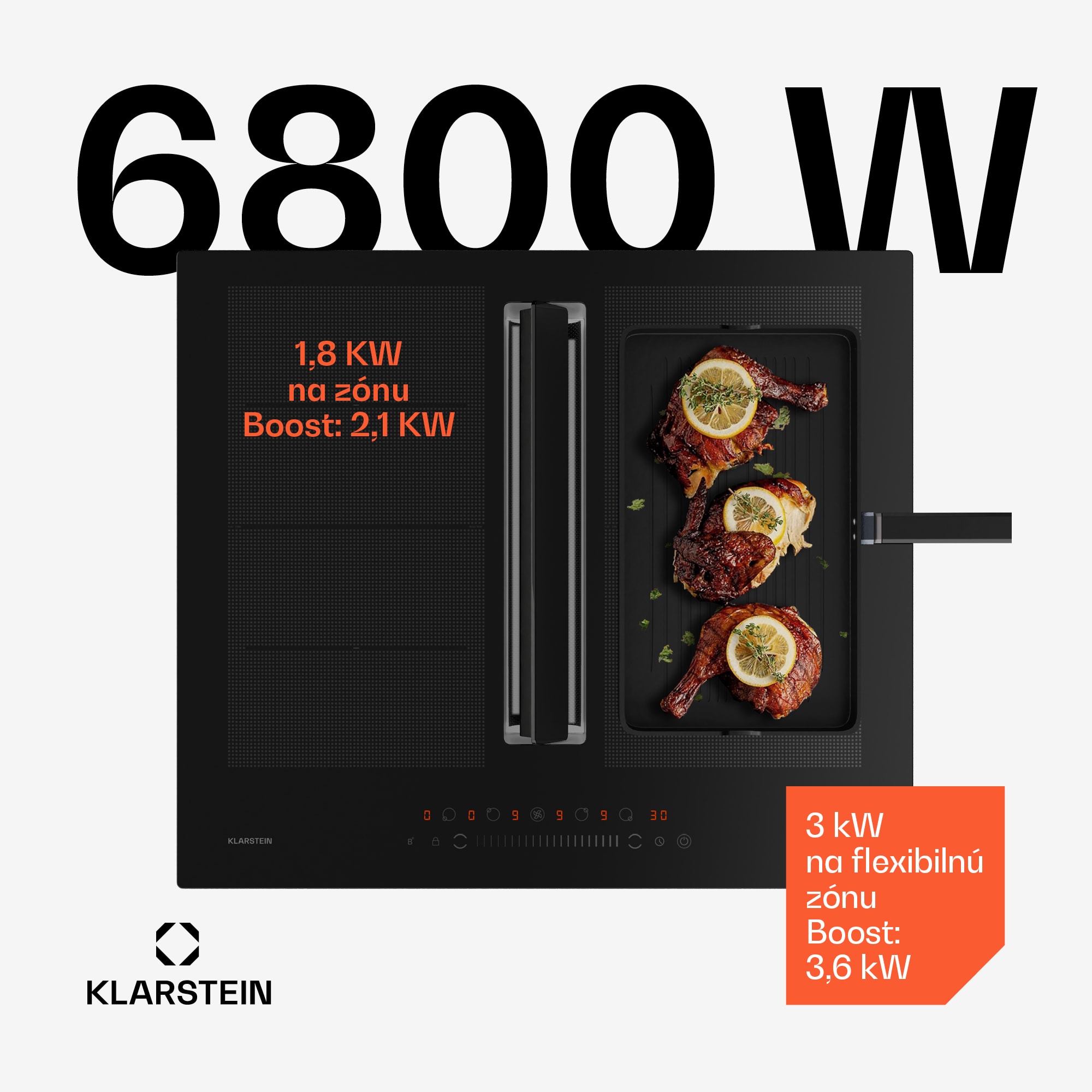 Klarstein Chef-Fusion Down Air System, indukčný sporák + DownAir digestor, 60 cm, 600 m³/h EEC A – Obrázok 2