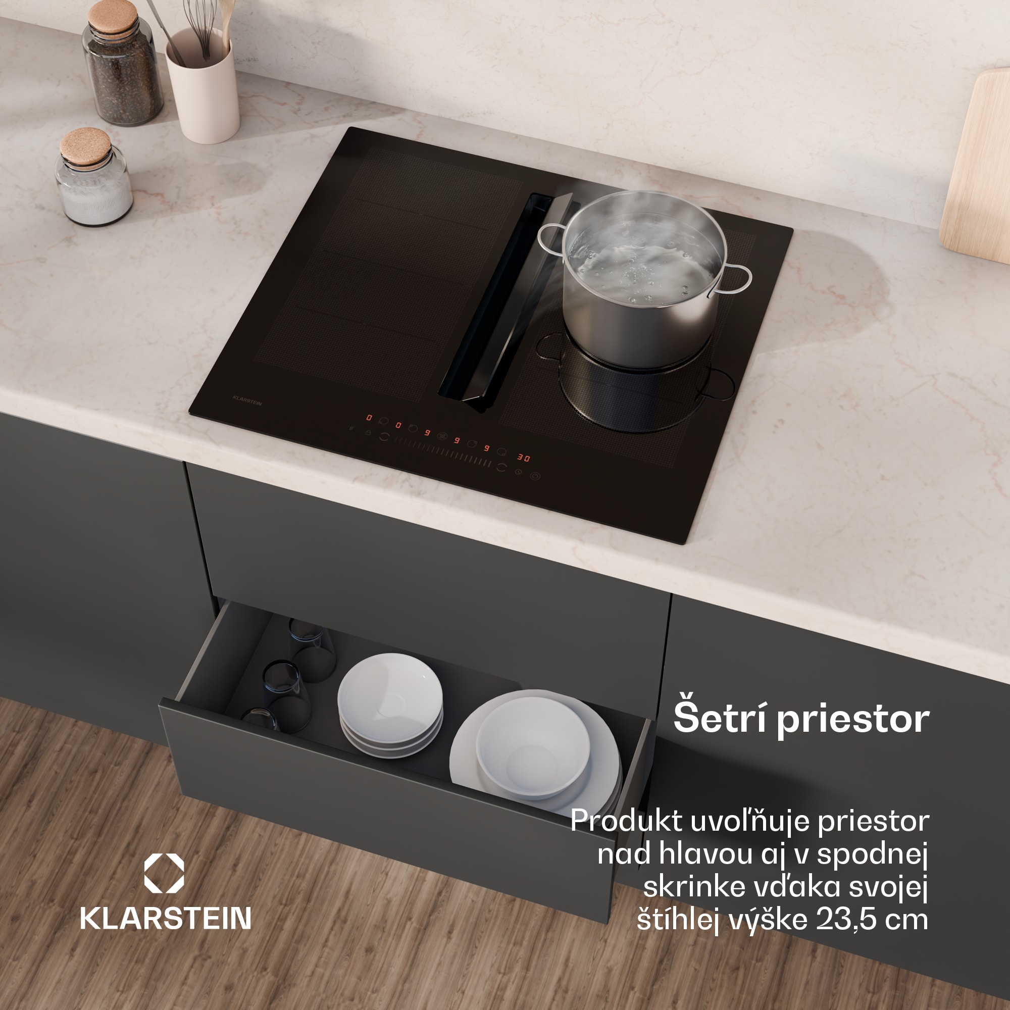 Klarstein Chef-Fusion Down Air System, indukčný sporák + DownAir digestor, 60 cm, 600 m³/h EEC A – Obrázok 4