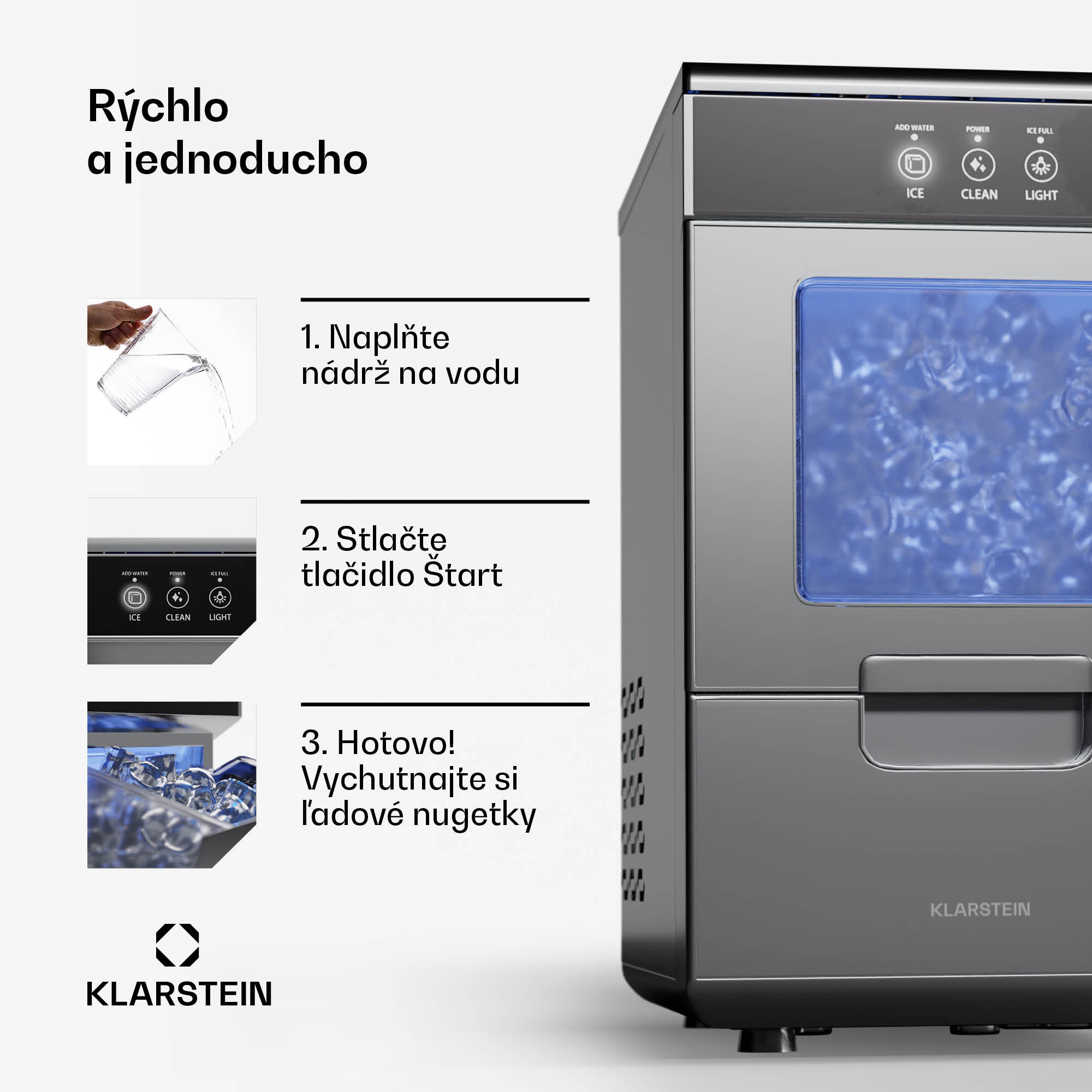 Klarstein Ice Galet, výrobník ľadových nugetiek, 20 kg/24 h, Auto-Clean, 2,2-litrová nádrž na vodu – Obrázok 2
