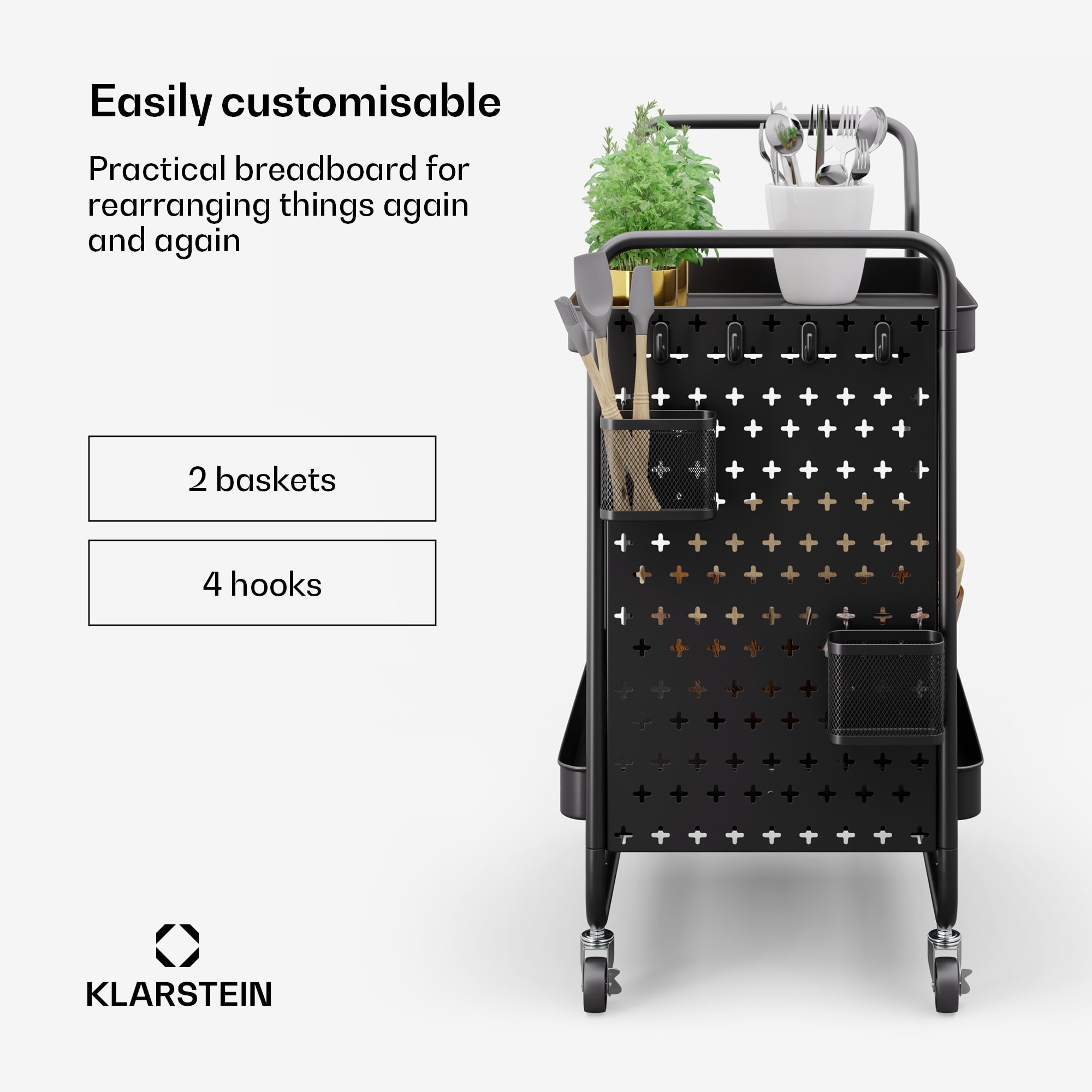 Klarstein Chibi, servírovací vozík, 2 police, kovový, koše, háčiky, mobilný – Obrázok 2