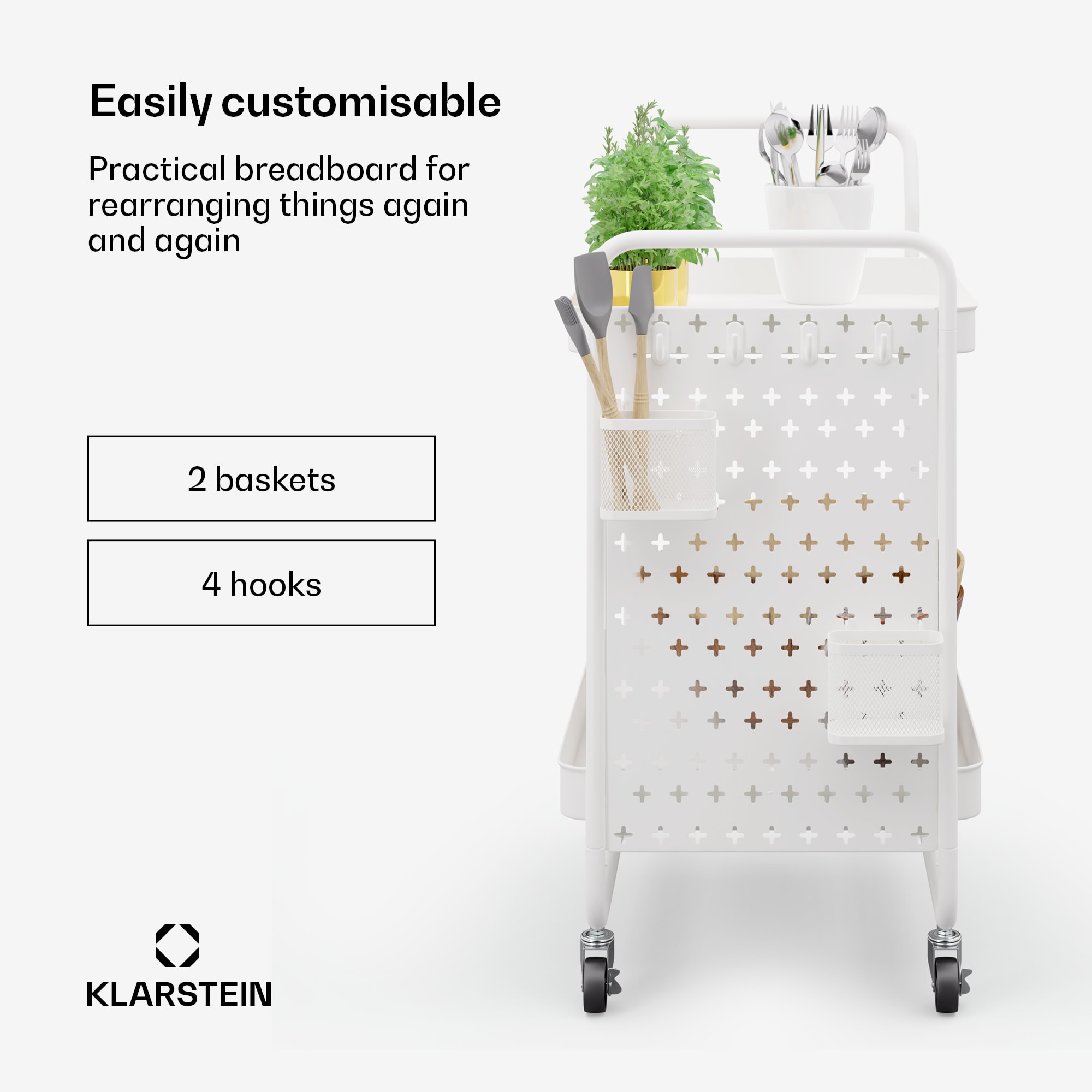 Klarstein Chibi , servírovací vozík, 2 police, kovový, koše, háčiky, mobilný – Obrázok 2