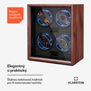 Klarstein Brienz 4, naťahovač hodiniek, 4 hodinky, 4 režimy, drevený vzhľad, modré vnútorné osvetlenie
