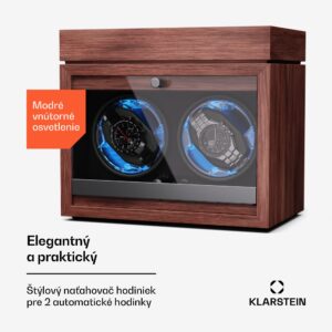 Klarstein Brienz 2, naťahovač hodiniek, 2 hodinky, 4 režimy, drevený vzhľad, modré vnútorné osvetlenie, priehradka na šperky