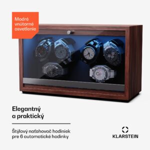 Klarstein Brienz 6, naťahovač hodiniek, 6 hodiniek, 4 režimy, drevený vzhľad, modré vnútorné osvetlenie