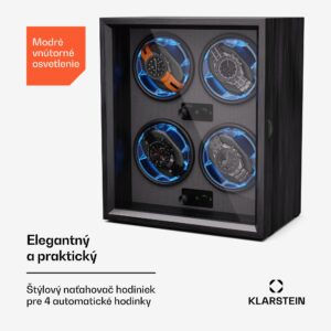 Klarstein Brienz 4, naťahovač hodiniek, 4 hodinky, 4 režimy, drevený vzhľad, modré vnútorné osvetlenie