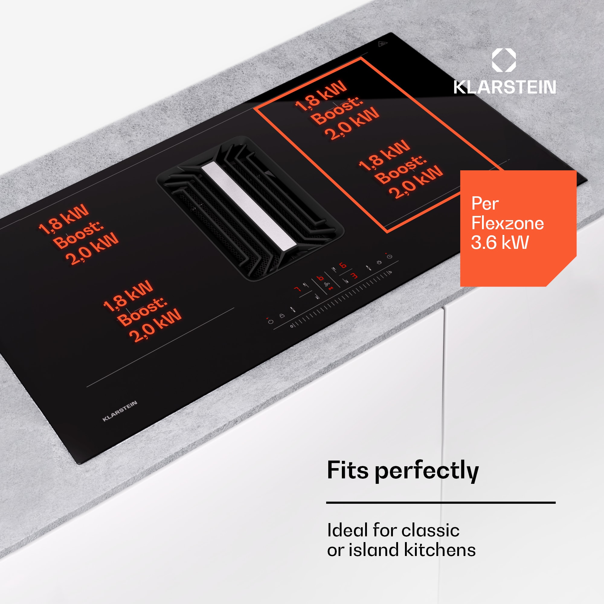 Klarstein AirJet 90, Down Air System, indukčný sporák + DownAir-digestor, 754 m³/h, A