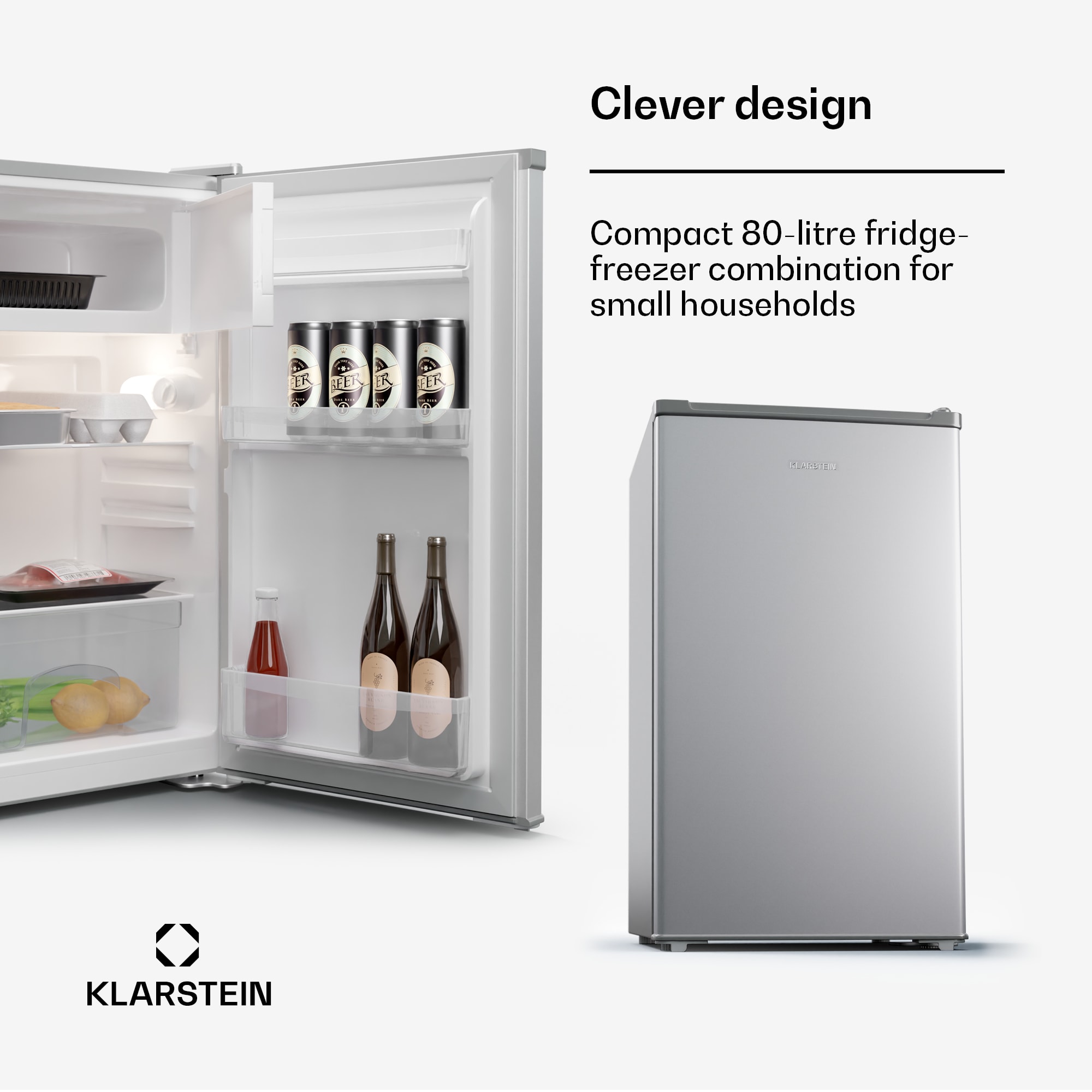 Klarstein Cool Cousin, chladnička s mrazničkou, 70/11 l, 40 dB, 2 police