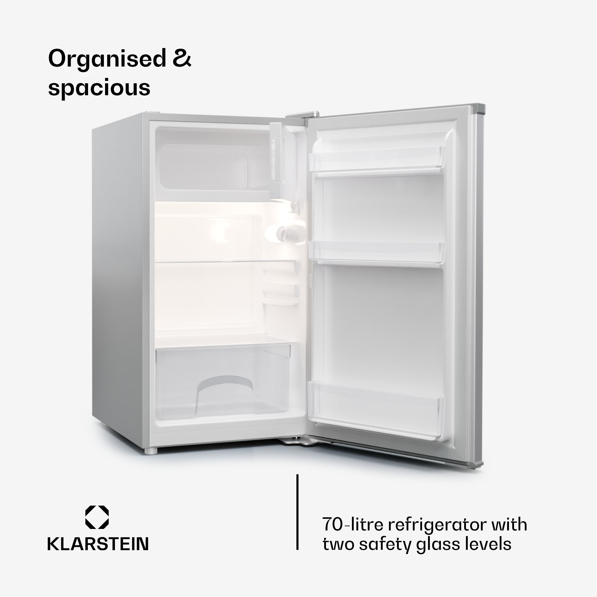 Klarstein Cool Cousin, chladnička s mrazničkou, 70/11 l, 40 dB, 2 police – Obrázok 2