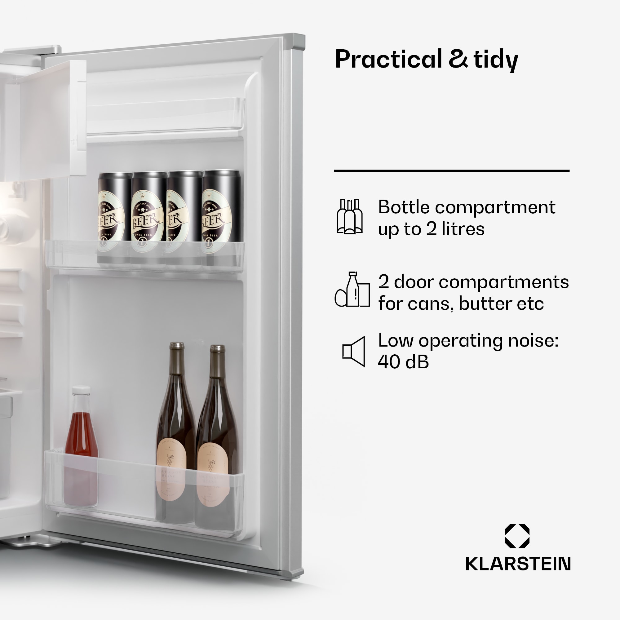 Klarstein Cool Cousin, chladnička s mrazničkou, 70/11 l, 40 dB, 2 police – Obrázok 5