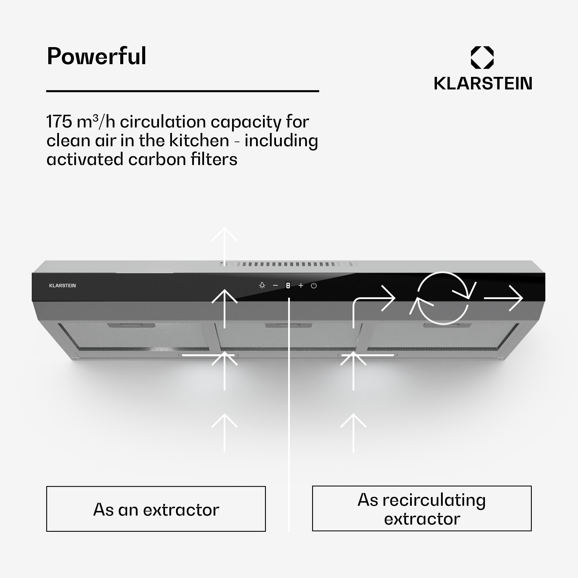 Klarstein Contempo Neo, digestor, podskrinkový, recirkulácia, 175 m³/h, SenseControl, integrované dotykové ovládanie, nehrdzavejúca oceľ / akrylové sklo – Obrázok 2