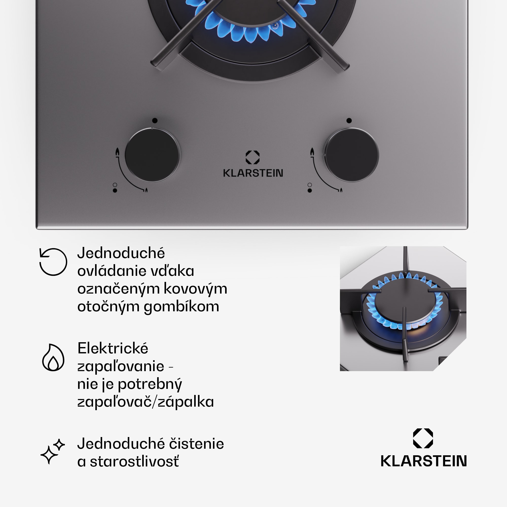Klarstein Goldflame, plynová varná doska, 2 mosadzné horáky, nehrdzavejúca oceľ – Obrázok 4