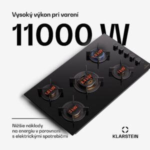Klarstein Goldflame 5, plynová varná doska, sebestačná, 5 horákov, bočné ovládanie, plyn/propán, sklokeramika, čierna