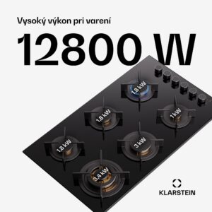 Klarstein Goldflame 6, plynová varná doska, sebestačná, 6 horákov, bočné ovládanie, plyn/propán, sklokeramika, čierna