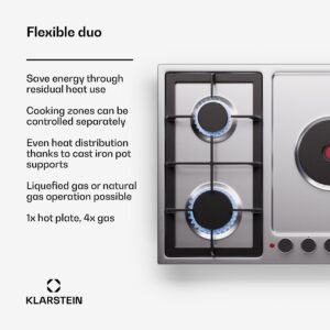 Klarstein MultiChef 5 Hot Plate, elektrická a plynová varná doska, 5 varných zón, 4 horáky, 1 elektrická platňa