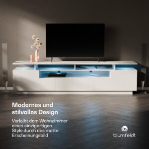 blumfeldt Perth Lowboard , TV skrinka, LED, 3 police, biela, 195 x 33 x 50 cm