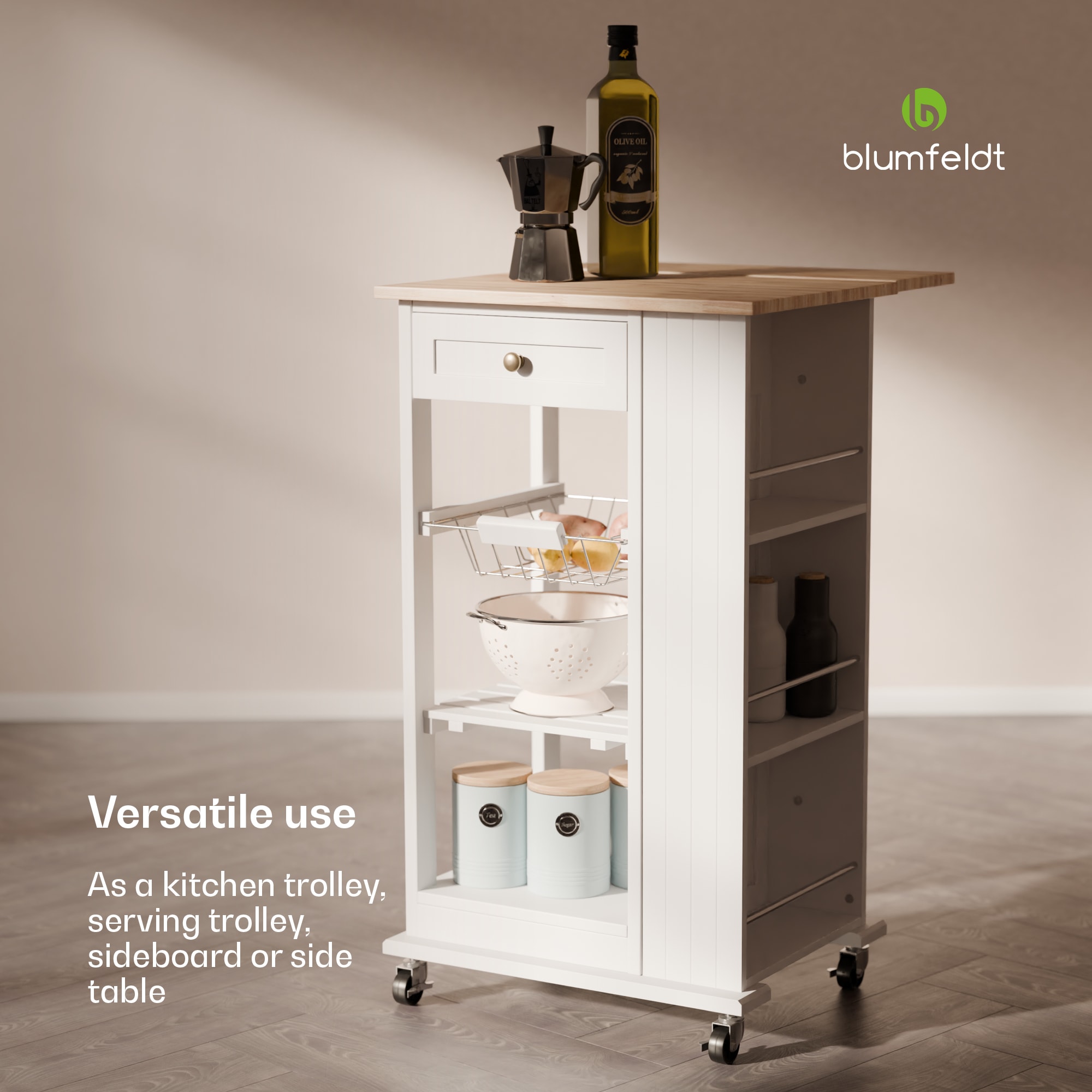 Blumfeldt Etsu, servírovací vozík, výsuvná pracovná doska, 1 zásuvka, kolieska s parkovacou brzdou, úložný priestor, jednoduché čistenie – Obrázok 2
