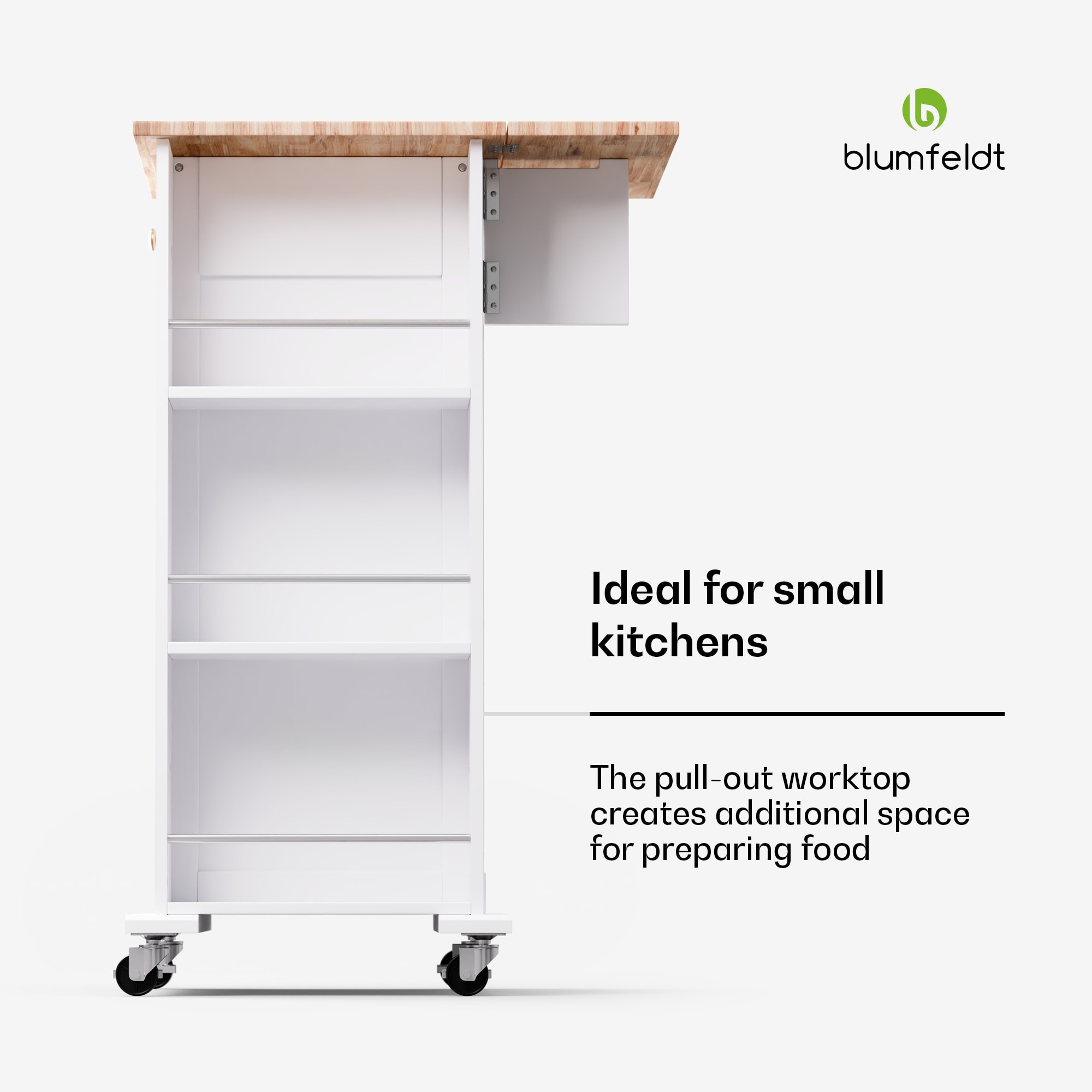 Blumfeldt Etsu, servírovací vozík, výsuvná pracovná doska, 1 zásuvka, kolieska s parkovacou brzdou, úložný priestor, jednoduché čistenie – Obrázok 3