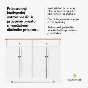 Blumfeldt Etsu, kuchynský ostrov, rozťahovacia pracovná doska, 2 zásuvky, 4 dvierka, možno použiť ako jedálenský stôl, úložný priestor, ľahko sa čistí