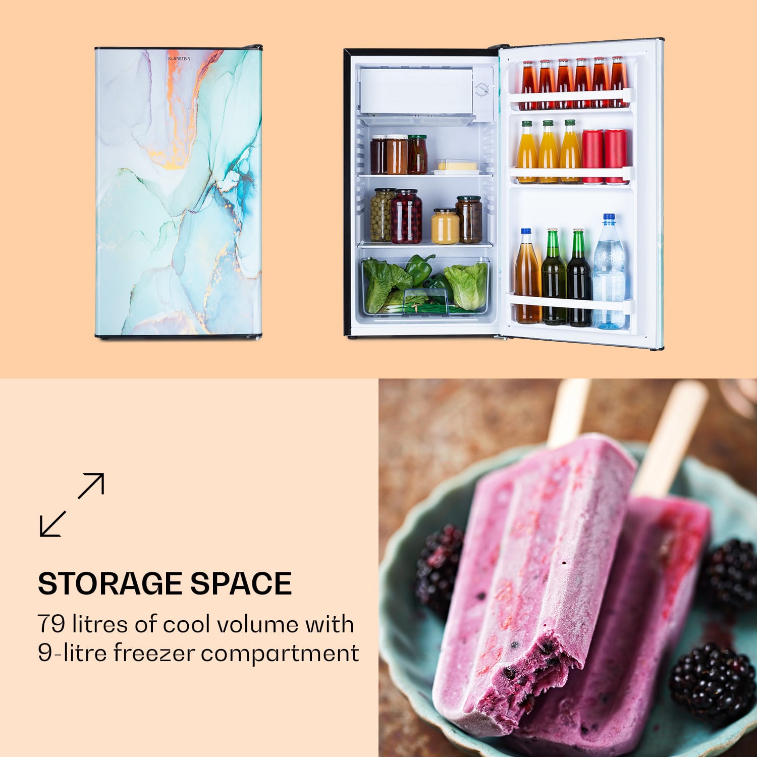 Klarstein CoolArt 79L, kombinovaná chladnička s mrazničkou, EEK E, mraziaci priestor 9 l, dizajnové dvere – Obrázok 2