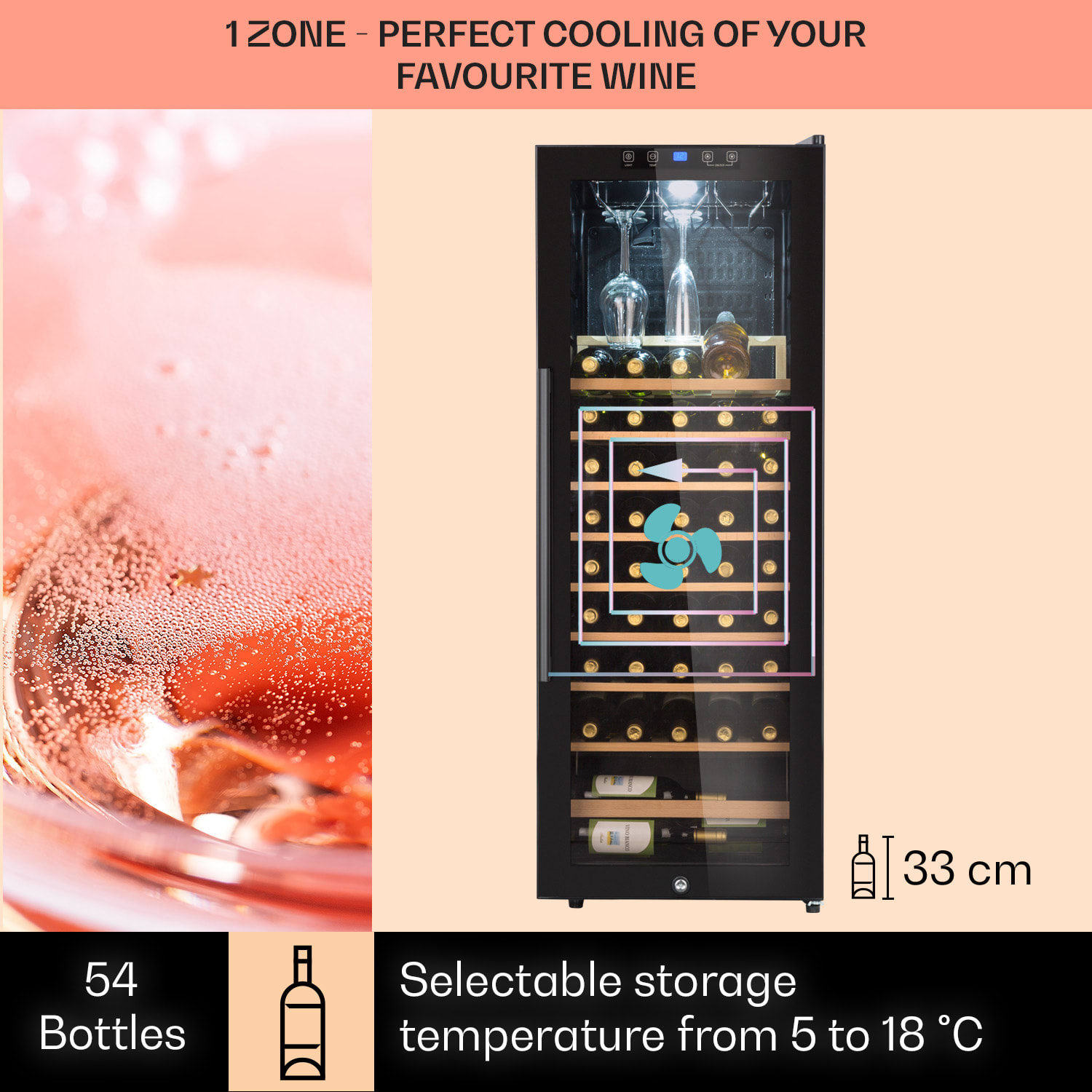 Klarstein Barossa 54 Uno, vinotéka, 155 l, 54 fliaš, sklenené dvere, dotykové ovládanie, LED – Obrázok 2