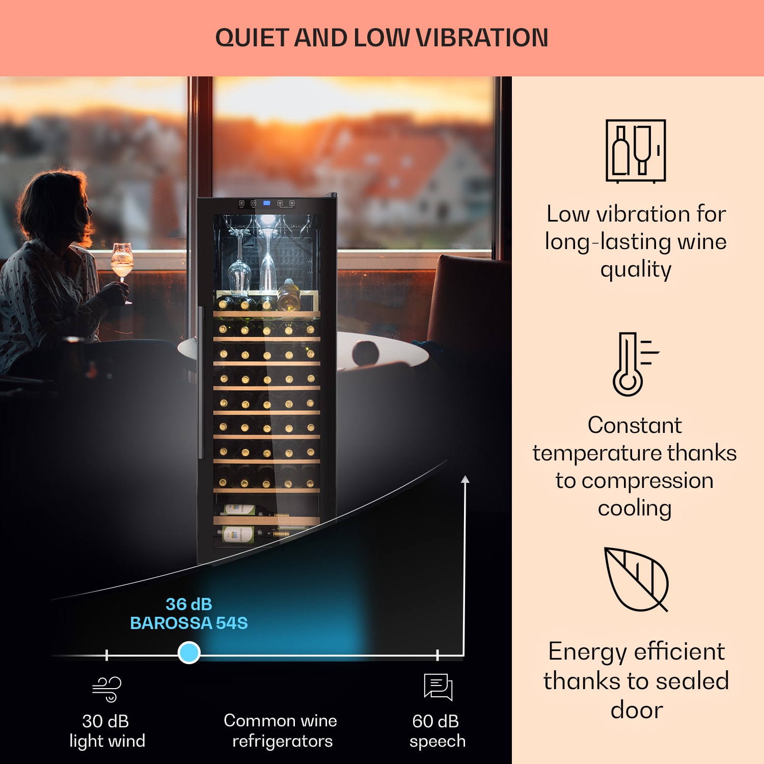 Klarstein Barossa 54 Uno, vinotéka, 155 l, 54 fliaš, sklenené dvere, dotykové ovládanie, LED – Obrázok 3