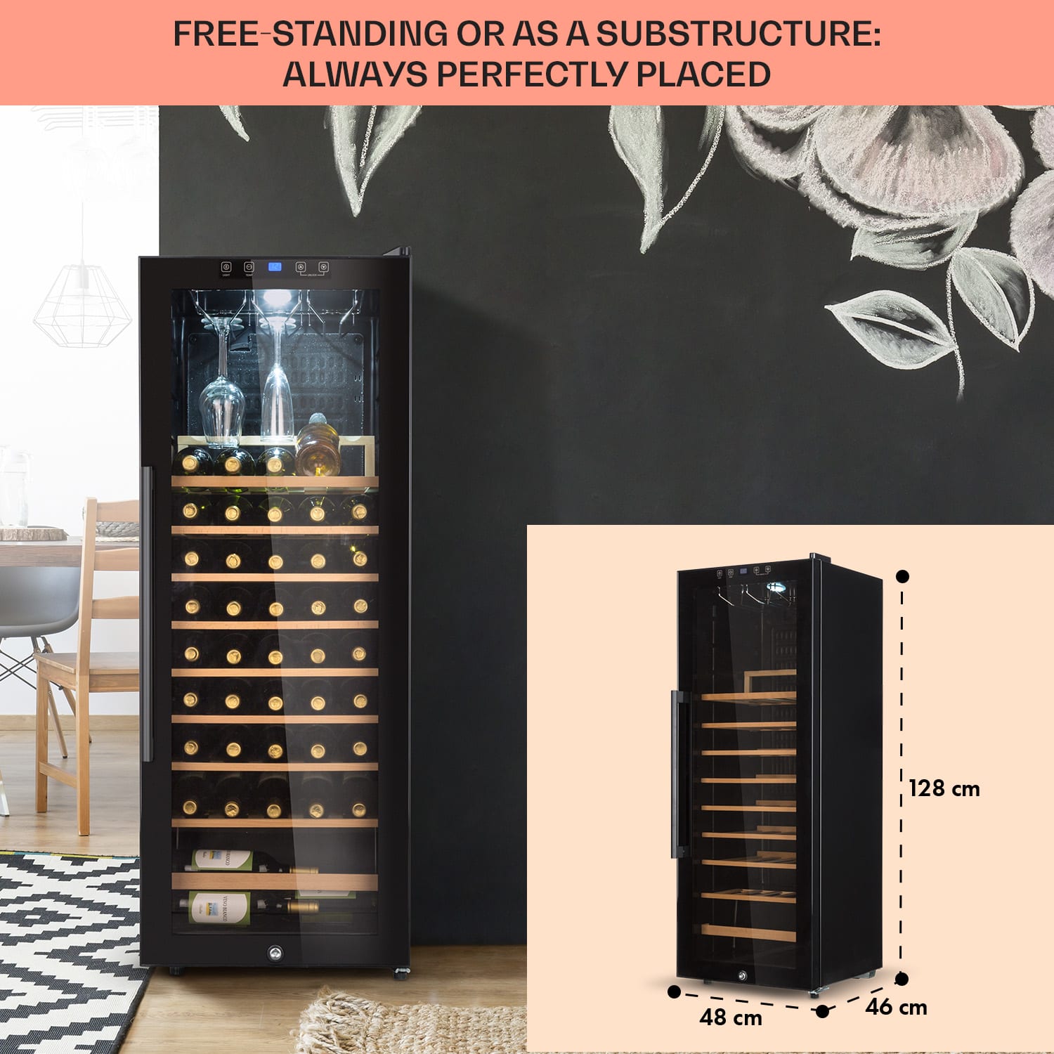 Klarstein Barossa 54 Uno, vinotéka, 155 l, 54 fliaš, sklenené dvere, dotykové ovládanie, LED – Obrázok 5