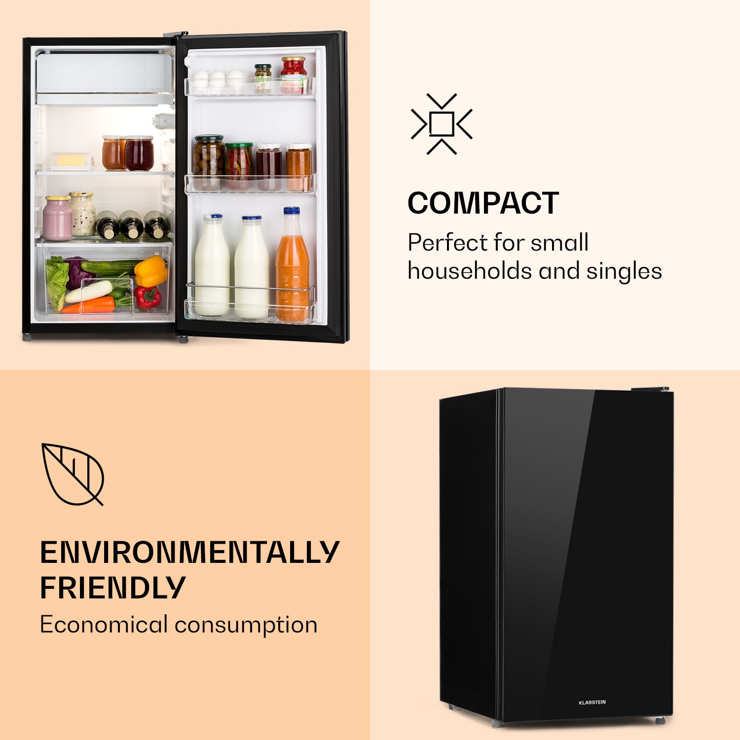 Klarstein Luminance Frost, chladnička, 91 l, energet. trieda F, priečinok na zeleninu, 2 sklenené police, čierna – Obrázok 3