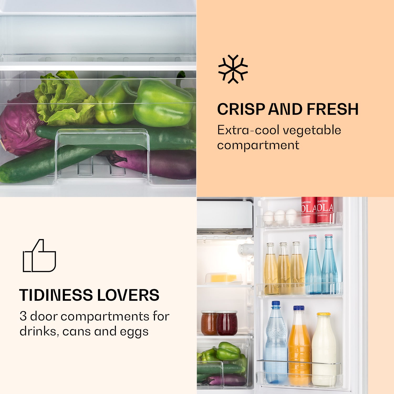 Klarstein Luminance Frost, chladnička, 91 l, energet. trieda F, priečinok na zeleninu, 2 sklenené police, biela – Obrázok 2