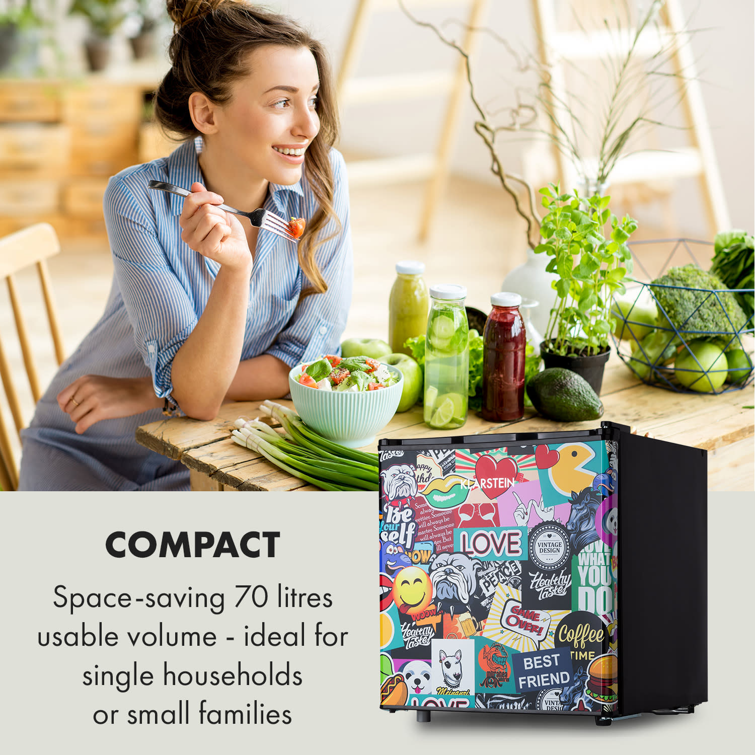 Klarstein Cool Vibe 46+, chladnička, 46 l, 1 polica, Stickerbomb style