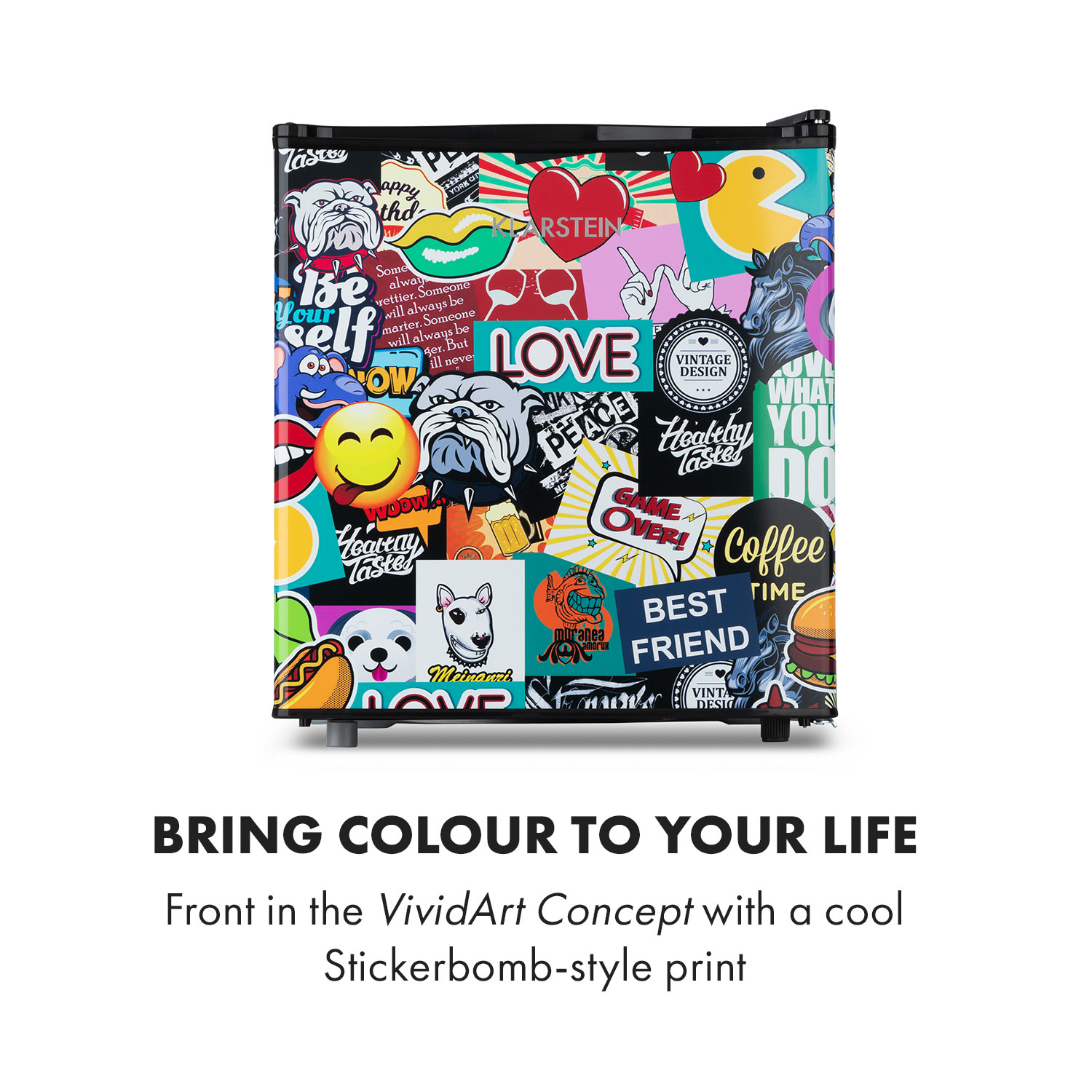 Klarstein Cool Vibe 46+, chladnička, 46 l, 1 polica, Stickerbomb style – Obrázok 2