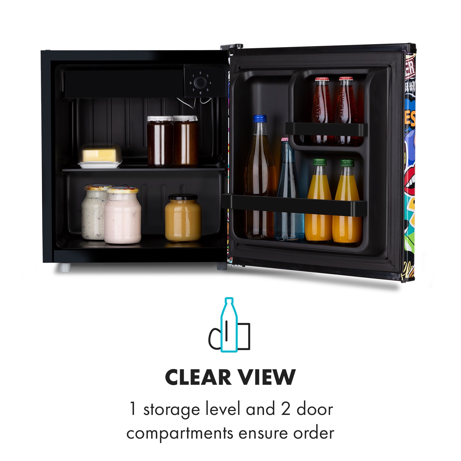 Klarstein Cool Vibe 46+, chladnička, 46 l, 1 polica, Stickerbomb style – Obrázok 4