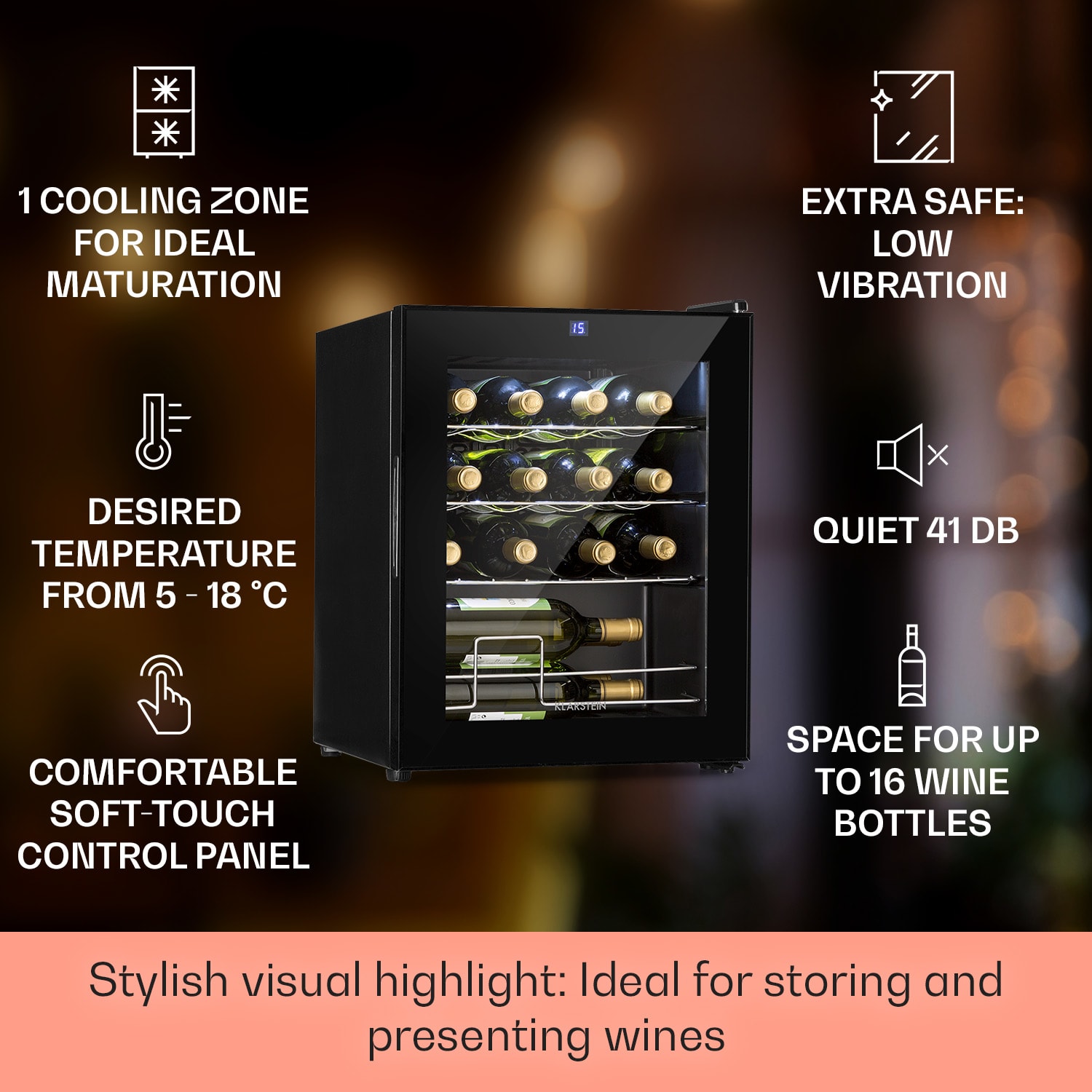 Klarstein Shiraz, vinotéka, 42 l, 131 W, 5-18°C, dotykový ovládací panel, čierna