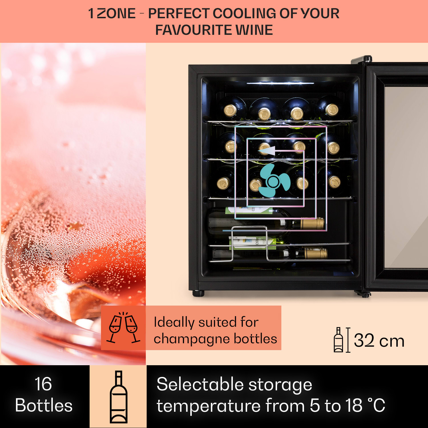 Klarstein Shiraz, vinotéka, 42 l, 131 W, 5-18°C, dotykový ovládací panel, čierna – Obrázok 2