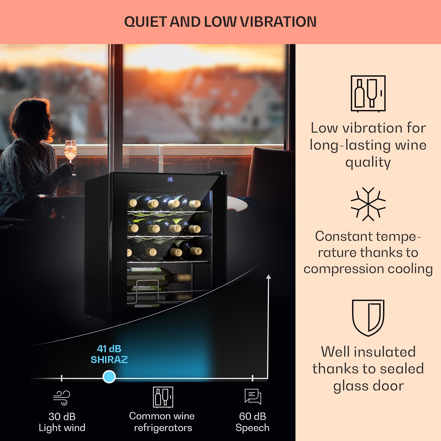 Klarstein Shiraz, vinotéka, 42 l, 131 W, 5-18°C, dotykový ovládací panel, čierna – Obrázok 3