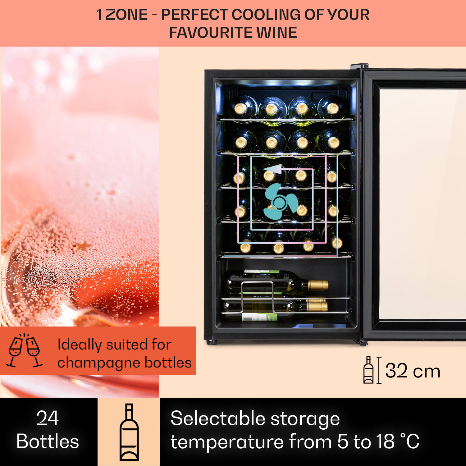 Klarstein Shiraz 24 Uno, vinotéka, 63 l, 24 fliaš, 5-18°C, dotykový ovládací panel – Obrázok 2