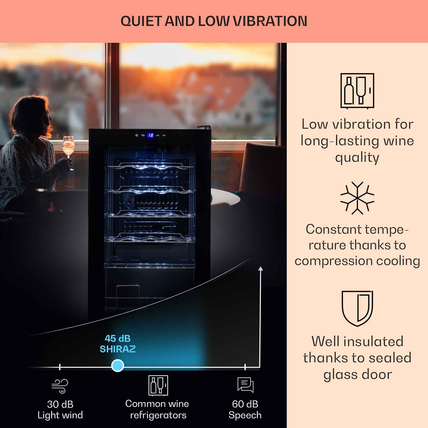 Klarstein Shiraz 24 Uno, vinotéka, 63 l, 24 fliaš, 5-18°C, dotykový ovládací panel – Obrázok 3