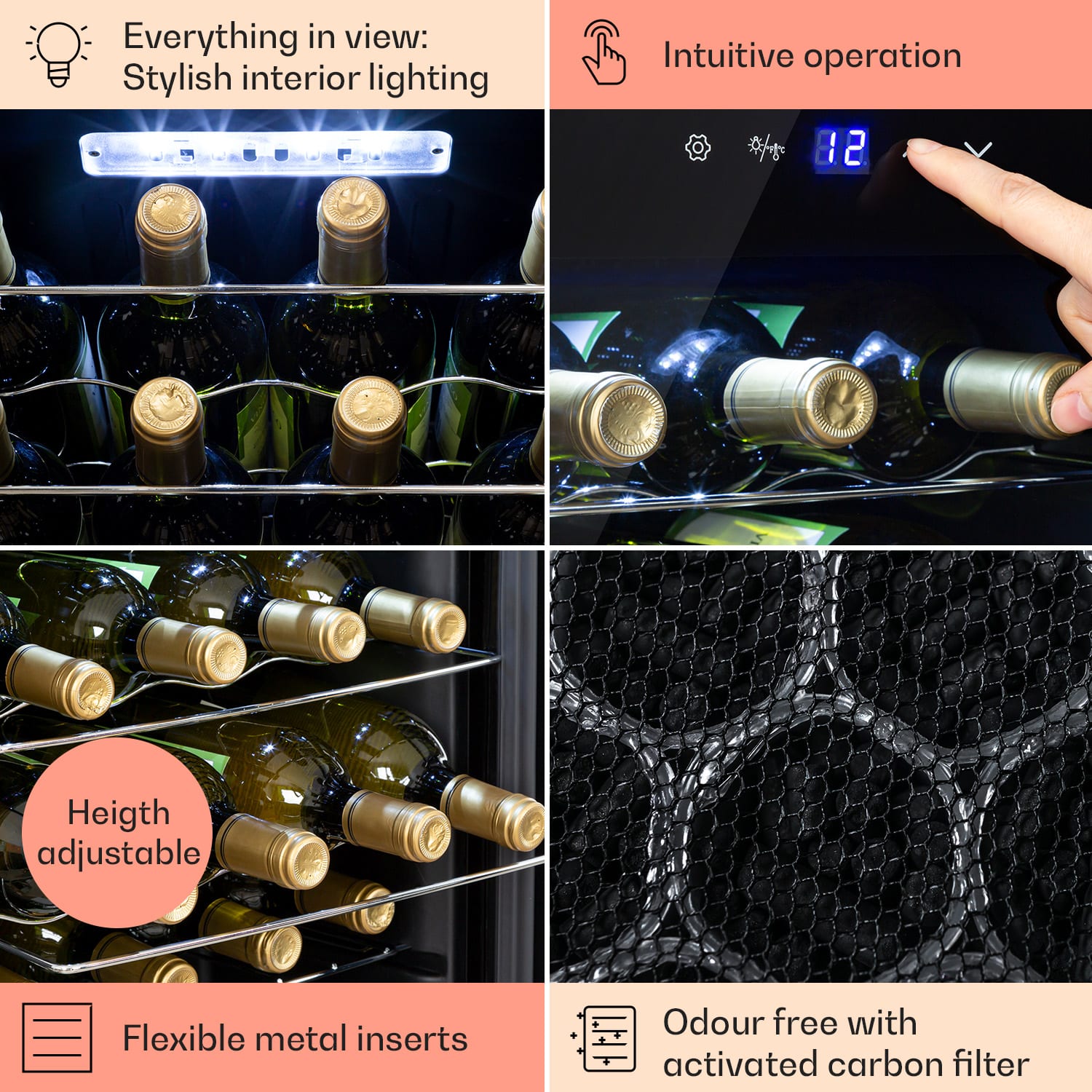 Klarstein Shiraz 28 Uno, vinotéka, 74 l, 28 fliaš, 5-18°C, dotykový ovládací panel – Obrázok 4