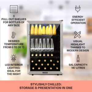 Klarstein Beersafe 5XL, chladnička, 148 l, 3 police, panoramatické sklenené dvere, nehrdzavejúca oceľ