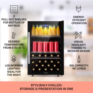 Klarstein Beersafe 5XL, chladnička, 148 l, 3 police, panoramatické sklenené dvere, nehrdzavejúca oceľ